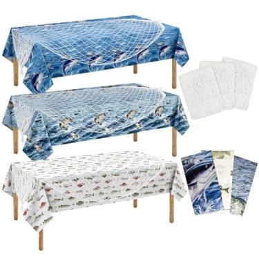 Imagem de Fyrolumin Conjunto de 3 conjuntos de 6 peças de rede de peixe e toalha de mesa de pesca, decoração de festa de aniversário, rede de algodão e linho e 3 toalhas de mesa de plástico para festa de pesca
