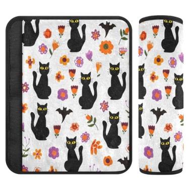 Imagem de Burbuja Capa para cinto de segurança de carro Black Cats Pumpkins Protetor de cinto de segurança de carro macio confortável para alça de ombro de assento, 1 par pequeno
