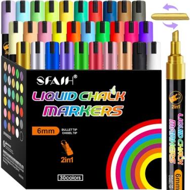 Imagem de SFAIH Marcadores de giz líquido [pano úmido de 1 segundo] sem resíduo - 6 mm, 30 cores [neon + pastel + metálico] marcadores de quadro-negro zero poeira para calendário de quadro-negro, vidro, janela