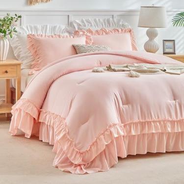 Imagem de Flysheep Conjunto de edredom com babados rosa, tamanho king, 3 peças, vintage, estilo fazenda, chique, cor sólida, leve, macio, macio, para todas as estações (1 edredom com babados + 2 fronhas)