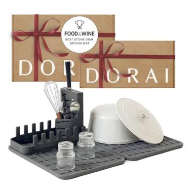 Imagem de Dorai Escorredor de louça dobrável para casa e almofada de prato de pedra – Prateleira grande dobrável com tapete de pedra seca instantânea – escorredor que economiza espaço para balcão de cozinha –