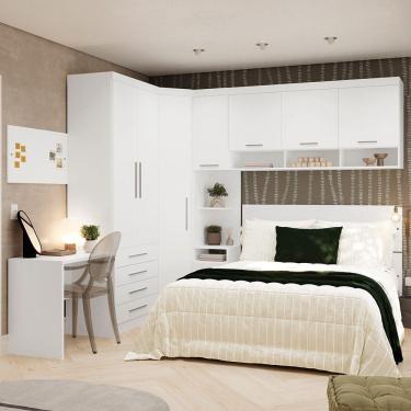 Imagem de Quarto De Canto Casal Com Guarda Roupas Cabeceira E Escrivaninha Alpes Luciane Móveis Branco Pf Com Branco Pf