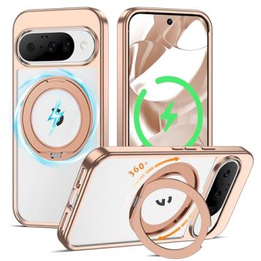 Imagem de AmoraAqua Compatível com capa transparente para Google Pixel 9 e Google Pixel 9 Pro com suporte de anel magnético de 360° [compatível com Mag-Safe] Capa de telefone à prova de choque para 9 e 9 Pro de