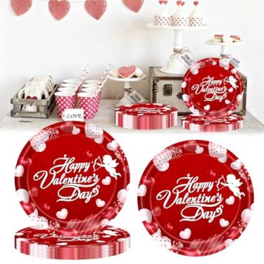 Imagem de Ncozwo 20 peças de pratos de papel descartáveis para o dia dos namorados, 23 cm, pratos redondos de coração, para aniversário, festa de casamento (cupido de coração vermelho)