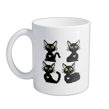Imagem de Caneca Xícara de Café Porcelana 300ml Gato Preto Pixel Olhos Verdes