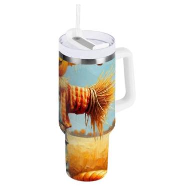 Imagem de ODAWA Grande espantalho abóboras outono copo isolado aço com canudo e alça copo de viagem isolado