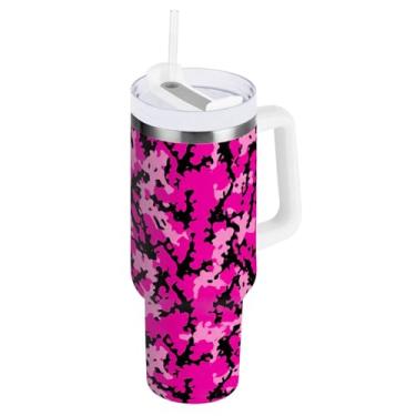 Imagem de ODAWA Copo grande camuflado rosa preto isolado com tampa e canudo, copo isolado de aço