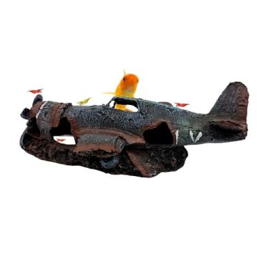 Imagem de CTWPets Abrigo de camarão avião acidentado, decoração de aquário de 22 cm, esconderijo de caverna de destroços de avião de resina para camarão, betta, caracóis e nano peixes