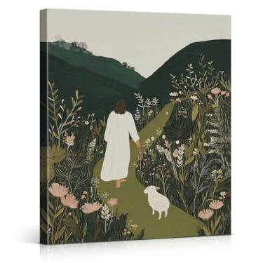 Imagem de Christian Jesus Good Shepherd Impressão de arte de parede moderna botânica Jesus pintura em tela arte religiosa verde decoração de parede para casa fazenda igreja 20x25 emoldurada