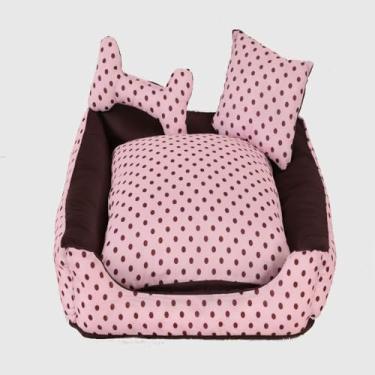 Imagem de Cama Pet Média Quadrada Impermeável, Tecido Tricoline 100% Algodão, 50 x 50 x 15 cm, com Almofada e Almofada Ossinho, Zíper nos 4 Lados, Fundo Impermeável (Lulu Rosa e Marrom)