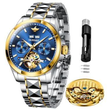 Imagem de OLEVS Relógio mecânico masculino esqueleto executivo relógios de pulso automáticos de luxo calendário azul aço inoxidável à prova d'água relógios de pulso masculinos