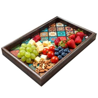 Imagem de Bandeja de servir de madeira rústica, bandeja de mesa de centro oval para casa, cozinha, sala de estar, festa ou centro de mesa