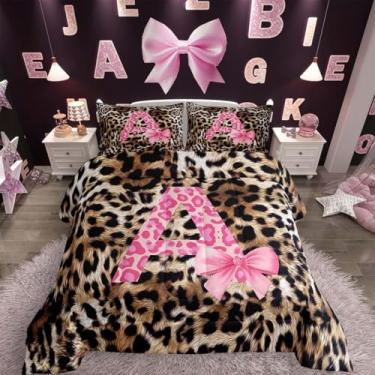 Imagem de jejeloiu Conjunto de cama macio com estampa de leopardo, para meninos e meninas, solteiro, com laço, alfabeto, edredom de microfibra, pele de guepardo, decoração de quarto, 2 peças com 1 fronha