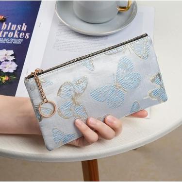 Imagem de Carteira feminina de couro genuíno com dobra dupla/tripla - Suporte minimalista para cartão de crédito com bloqueio de RFID e bolso para moedas, Azul, Casual