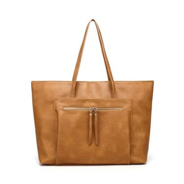 Imagem de SharPlus Bolsa feminina grande de couro vegano com zíper e bolsa de mão para viagens e trabalho, Camelo, Vintage