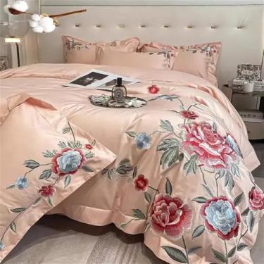 Imagem de Jogo de cama de algodão com bordado de peônias, capa de edredom, lençol e fronhas, para casamento, têxteis para o lar, rosa, tamanho queen (4 peças).