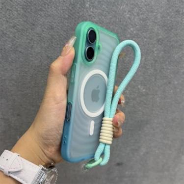 Imagem de Capa com alça de pulso magnética gradiente com efeito ondulação d'água para iPhone 12, 13, 14, 15, 16 Pro Max, capa translúcida fosca à prova de choque, ciano, para iPhone 12 Pro Max