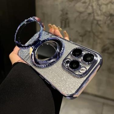 Imagem de Capa com efeito degradê e espelho brilhante para iPhone 15 14 13 11 12 16 17 Pro Max Air Xr Xs 16 Plus com suporte para maquiagem (para iPhone 15 Plus/Azul)
