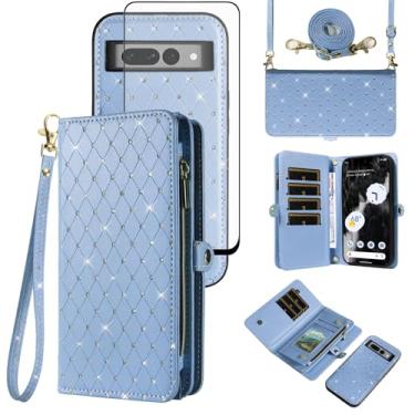 Imagem de Capa de celular para Google Pixel 7 Pro 5G com zíper carteira destacável com película de vidro temperado, alça flip com glitter, compartimento para cartão Pixel7Pro Pixel7 XL Seven 7Pro 6.7 feminino