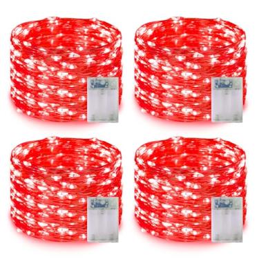 Imagem de QITONG Pacote com 4 50 luzes LED Fairy Lights operadas por bateria vermelha