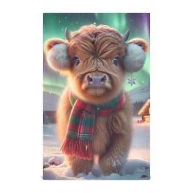 Imagem de Conjunto de toalhas de prato verdes decoração de cozinha Natal Highland vaca bezerro bonito toalhas de chá de mão para secar pratos absorventes macios 45 x 71 cm, pacote com 6