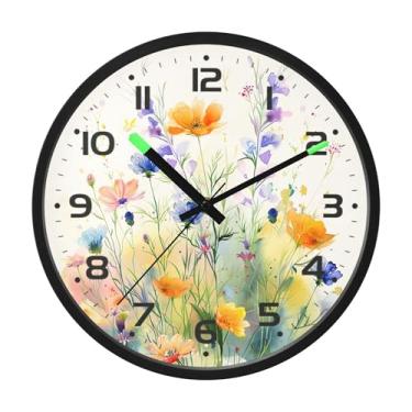 Imagem de SEHANY Herb Wildflower Relógio de parede silencioso sem tique-taque relógio redondo operado por bateria 30 cm controle de som luz noturna relógios de parede para sala de estar, cozinha, quarto