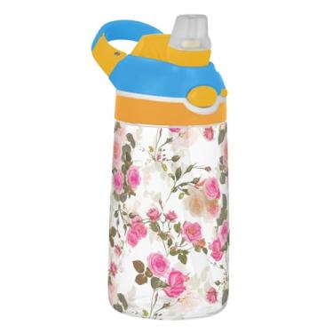 Imagem de Garrafa de água Tritan de 473 ml para crianças, reutilizável, garrafa de água de plástico de 473 ml, com canudo à prova de vazamento, copo infantil portátil, alça de transporte, estampa floral de
