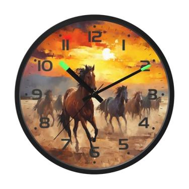 Imagem de SEHANY Relógio de parede artístico majestoso cavalos silencioso, sem tique-taque, relógio redondo operado por bateria, controle de som, luz noturna, relógios de parede para sala de estar, cozinha