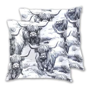 Imagem de Joitme Conjunto de 2 capas de almofadas Highland Cattle Sketch Animal para cama, 50 x 50 cm, 2 peças