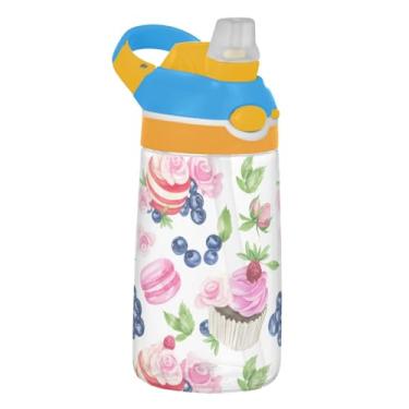 Imagem de Garrafa de água colorida para crianças, bolos, mirtilo, para escola, 473 ml, Tritan 473 ml, garrafa de água com canudo, copo reutilizável para crianças, portátil, alça de transporte
