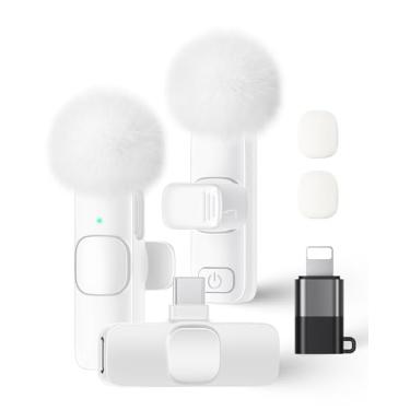 Imagem de Microfone de lapela sem fio para iPhone, iPad e telefone Android, pacote com 2 microfones de lapela Plug and Play, microfone sem fio com redução de ruído para gravação de vídeo, entrevista, podcast