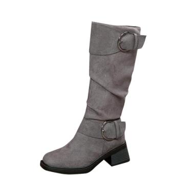 Imagem de Botas femininas de várias fivelas com salto grosso para um visual elegante de outono e inverno, Cinza, 35