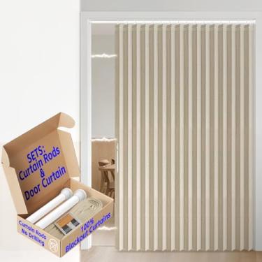 Imagem de AJAZZ Cortina de vidro deslizante invisível para porta sanfonada 100% blackout para quarto, sala de estar, conjunto de cortinas (1 pacote, 184 L x 78 C, amarelo creme + varão)