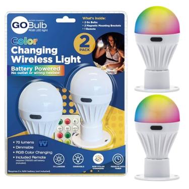 Imagem de Spark Innovators Lâmpada Go – Lâmpada LED sem fio que muda de cor com controle remoto, alimentada por bateria, regulável, sem fio, adaptador E26, à prova de estilhaçamento, lâmpada multicolorida para