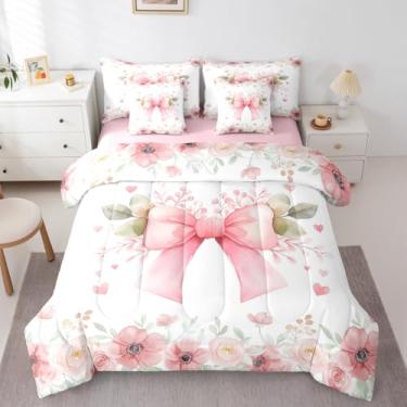 Imagem de Erosebridal Jogo de cama de 7 peças com laço rosa - Jogo de edredom com laço floral kawaii, para decoração de quarto de crianças e meninas - Cama com laço de coquete de flores românticas em uma bolsa