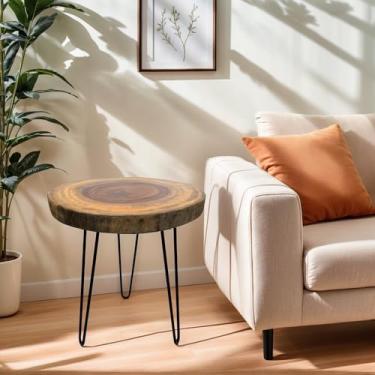 Imagem de DONZIKLE Mesa lateral Live Edge, mesa de canto de madeira de cânfora natural para sala de estar, mesa exclusiva com pernas de gancho de cabelo de metal, mesa de cabeceira de madeira natural, suporte