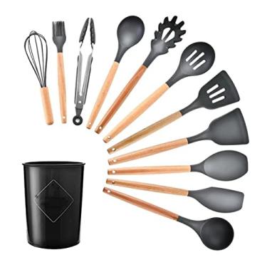 Imagem de Conjunto de utensílios cozinha com 9 peças suporte armazenamento silicone Cabo madeira Panelas antiaderentes