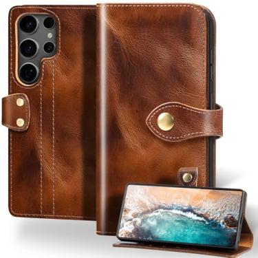 Imagem de RMAWRAD Capa de couro compatível com Samsung Galaxy S25 Ultra, proteção total contra envolvimento, suporte de couro genuíno à prova de choque, capa flip com compartimento para cartão, marrom