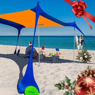 Imagem de KAZZARY Tenda De Praia, Cobertura Protetora Solar Upf50+ 2,3 X 2,1 M Com Sacos Areia, 4 Estacas Estabilidade, Solo, Pá Areia Disco Voador. Abrigo Protetor Leve, Altura Para Camping, Passeios Ao Ar L