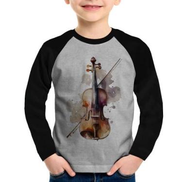 Imagem de Camiseta Raglan Infantil Violino Manga Longa - Foca na Moda, Cinza, Pr