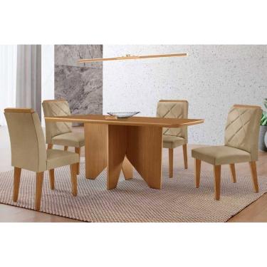 Imagem de Sala Jantar Mesa Nevada Tampo Curvo 120cm+4 Cadeiras Pietá Madeira Naturale - Capuccino/Linho Bege - Rufato