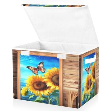 Imagem de Blueangle Cestos de armazenamento de borboleta de girassol com tampas, 42 x 32 x 30 cm, grande cesta organizadora dobrável para decoração de casa e escritório (304)