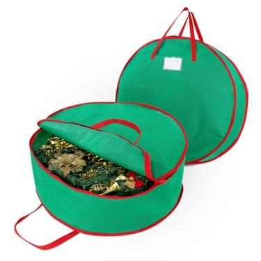 Imagem de bruwaa Pacote com 2 bolsas de armazenamento de guirlanda de Natal 76 cm, alças duráveis com compartimento para cartão e recipientes de armazenamento com zíper duplo e para proteger guirlanda artificial - verde