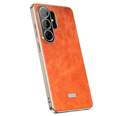 Imagem de POYUFRG Capa de couro para Samsung Galaxy S26 Ultra, fina, leve, luxuosa, galvanizada, com capa de proteção de lente com tudo incluído, laranja, S26 Ultra