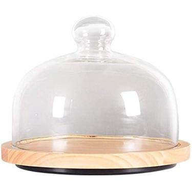 Imagem de Suporte giratório de bolo bandeja de degustação de pastelaria de sobremesa restaurante prato de madeira redondo caixa de bolo salada frutas cúpula de vidro bandeja decorativa para servir (tamanho