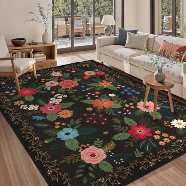 Imagem de GarveeHome Tapetes de área 20 x 25 cm Boho Floral Antiderrapante Pelo Baixo Lavável à Máquina Tapete Grande para Sala de Estar, Quarto, Casa de Fazenda, Sala de Jantar, Sala de Jogos Infantil, Preto