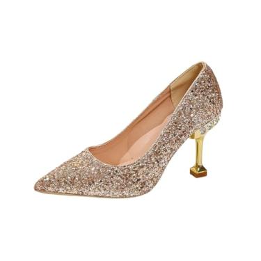 Imagem de Salto alto feminino enfeitado com lantejoulas com bico fino e salto agulha fino, Dourado, 38