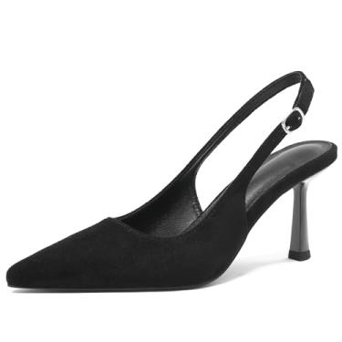 Imagem de Salto alto feminino fechado bico fino salto agulha gatinho com fivela confortável sapatos sociais casuais, Camurça preta, 36