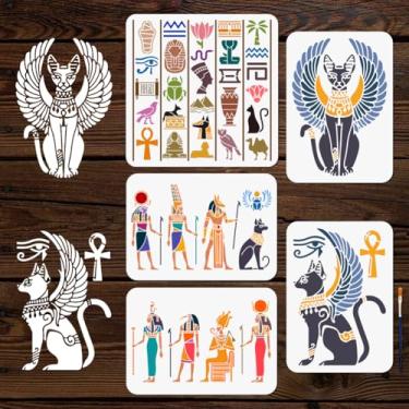 Imagem de MAYJOYDIY 5 peças de estênceis de hieróglifos egípcios reutilizáveis, esfinge de faraós egípcios, modelo de desenho de gato alado de 7,9 a 21 cm com pincel de pintura para decoração de papel em tela