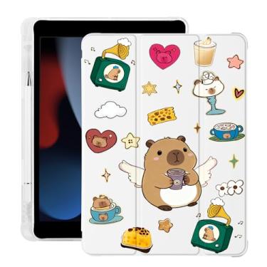 Imagem de BlHMCASE Linda capivara Kawaii para iPad 7ª/8ª/9ª geração com suporte para lápis, hibernar/despertar automático, capa traseira de TPU macio de couro branco para iPad de 10,2 polegadas 2019/2020/2021